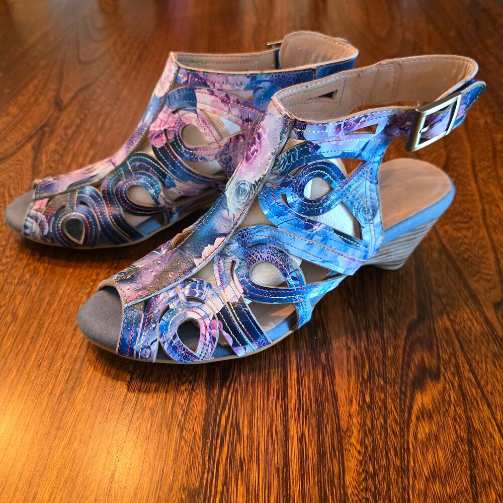L'Artiste Spring Step Flourisha Floral Leather Sandals Women's 37 Blue Purple